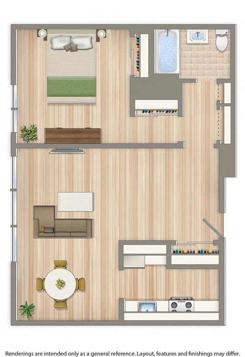 one bedroom apartment floor plan rendering at brunswick house apartments in washington dc